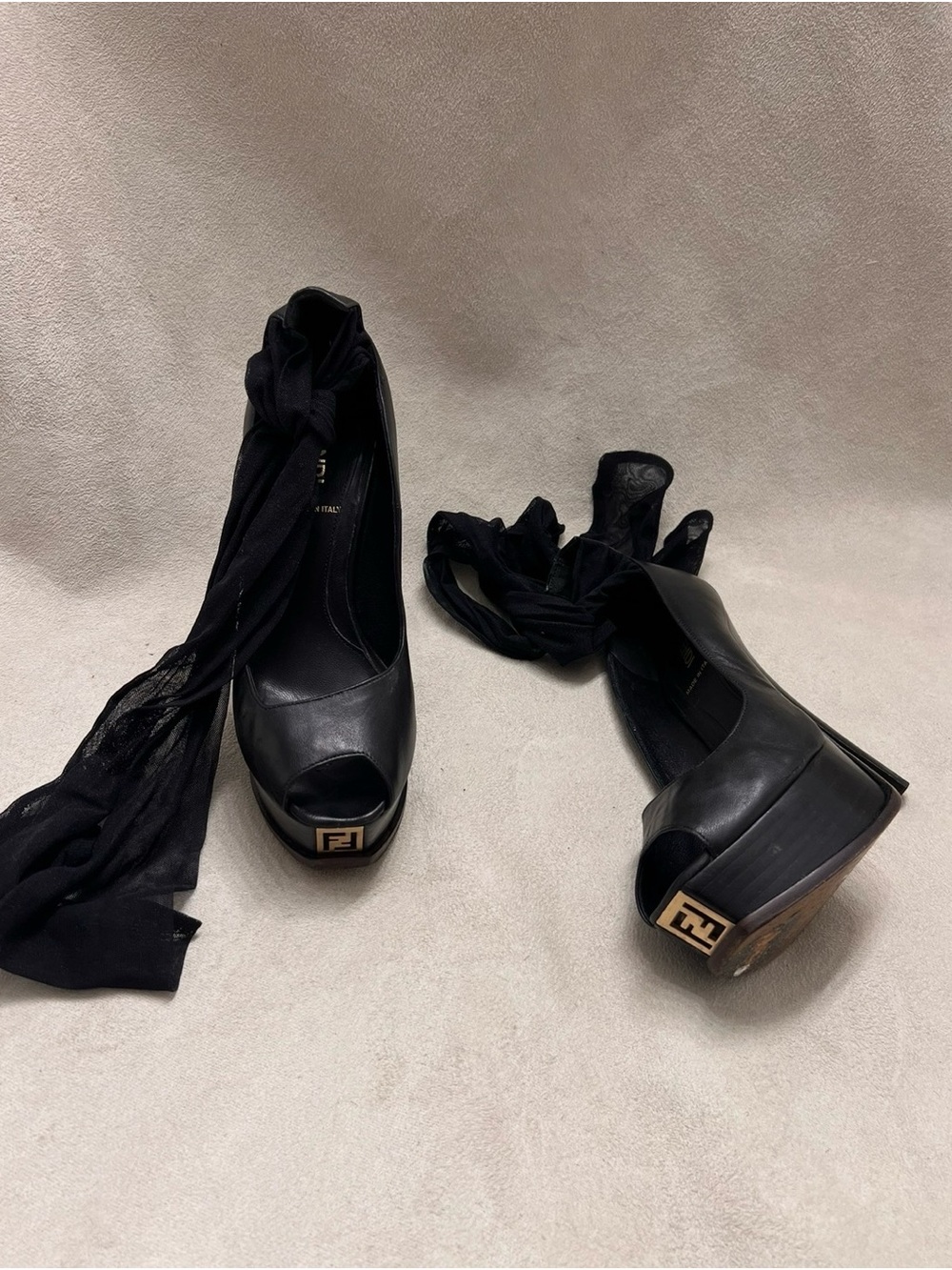 Fendi Black Leather Peep-Toe Platform Cinderella with Ankle Ribbon
